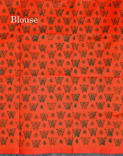 South Cotton Saree - Bottle Green Printed Saree With Contrast Orange Blouse
