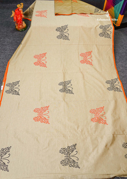 South Cotton Saree - Cream Sandal Printed Saree With Contrast Orange Blouse