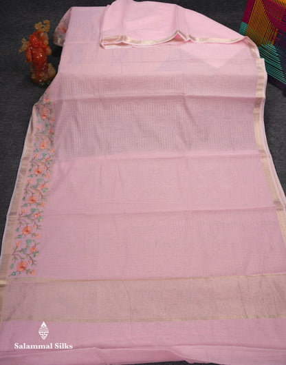 Beautiful Light Pink Zari Lines Cotton Mix Fancy Saree With Embroidery Floral Design & Small Zari Border