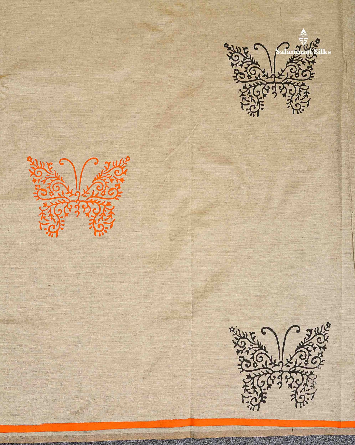 South Cotton Saree - Cream Sandal Printed Saree With Contrast Orange Blouse