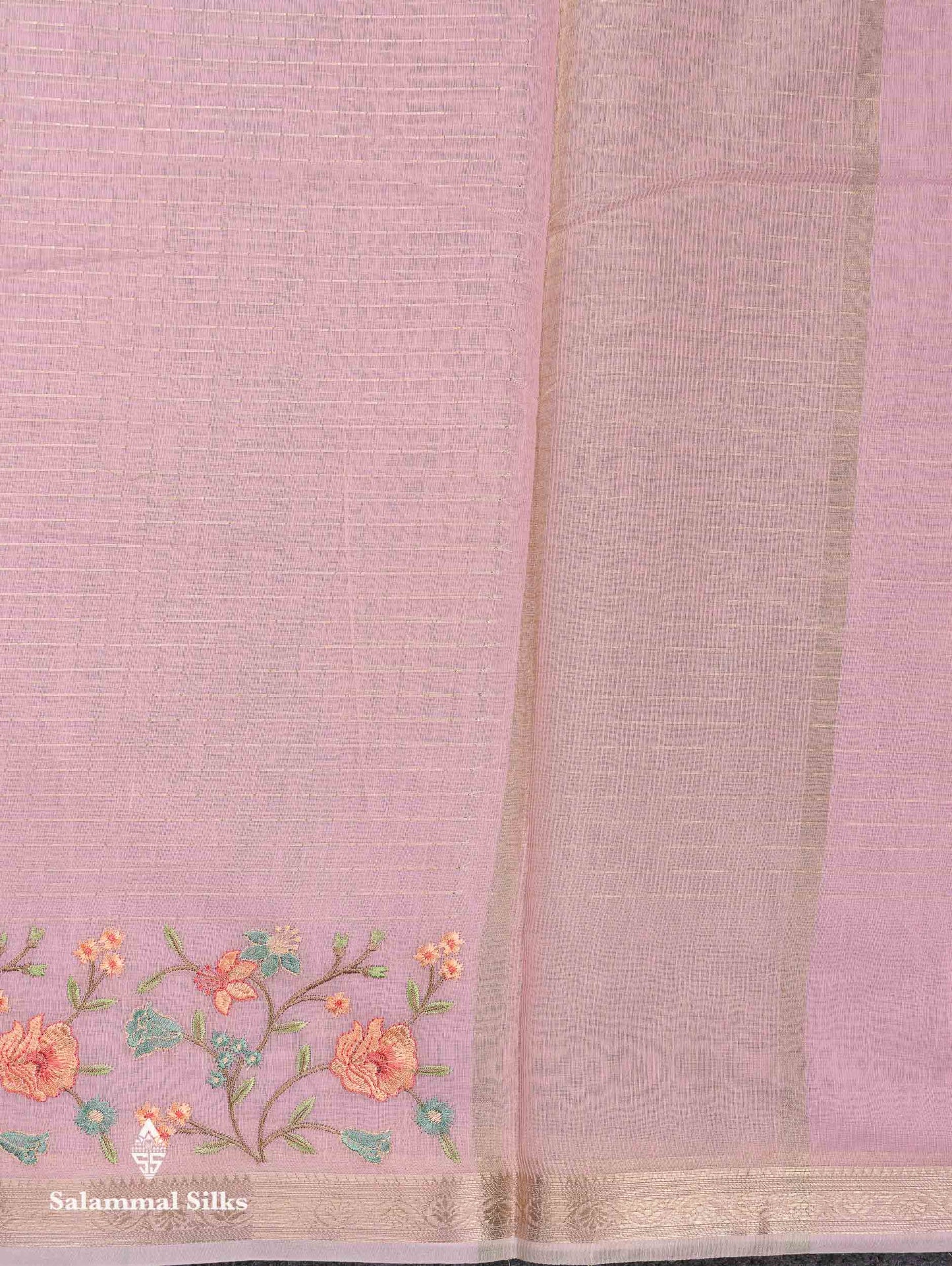 Beautiful Light Pink Zari Lines Cotton Mix Fancy Saree With Embroidery Floral Design & Small Zari Border