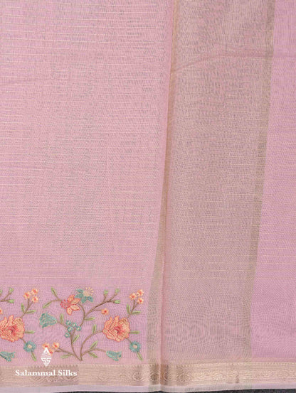Beautiful Light Pink Zari Lines Cotton Mix Fancy Saree With Embroidery Floral Design & Small Zari Border