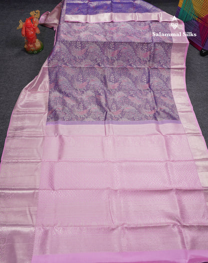 Beautiful Violet Fancy Pure Kanjivaram Silk Saree with Contrast Light Pink Traditional Evening Morning Border