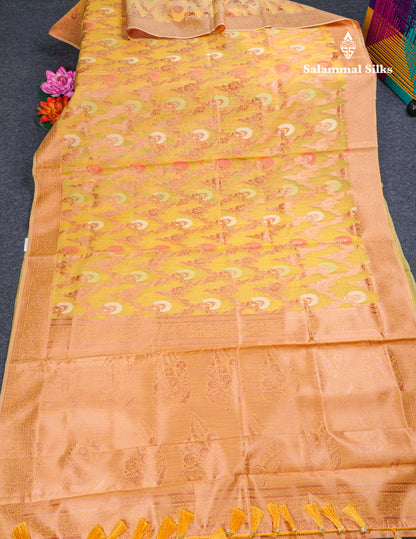 Light Green Meenakari Work Cotton Mix Saree With Self Blouse