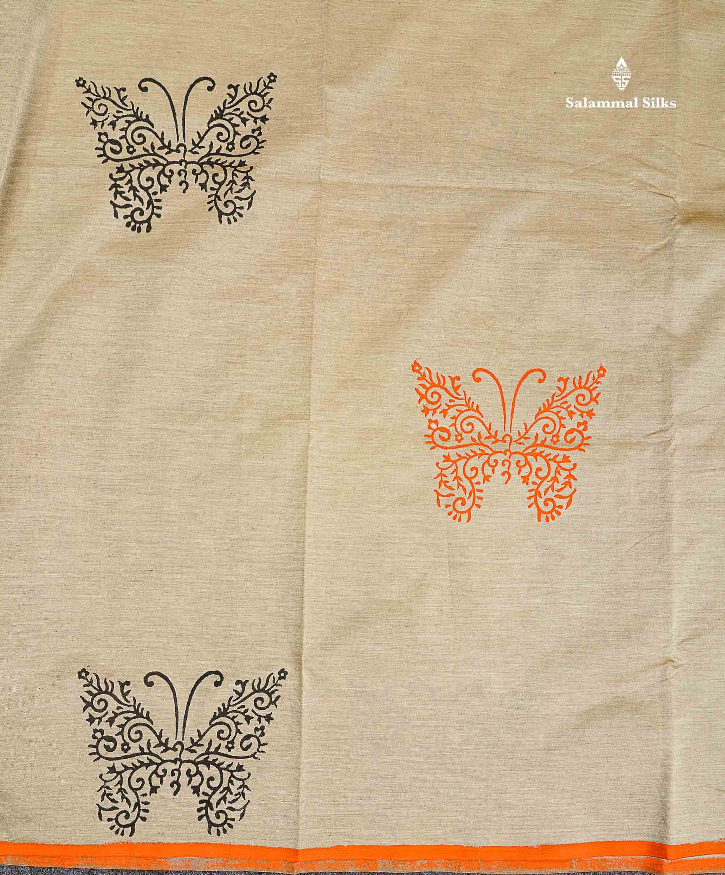 South Cotton Saree - Cream Sandal Printed Saree With Contrast Orange Blouse