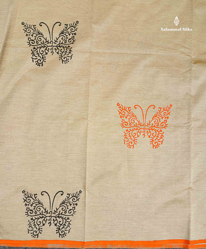 South Cotton Saree - Cream Sandal Printed Saree With Contrast Orange Blouse