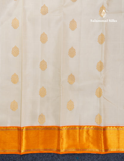 Half White Pure Kanjivaram Silk Saree With Contrast Orange Traditional Border