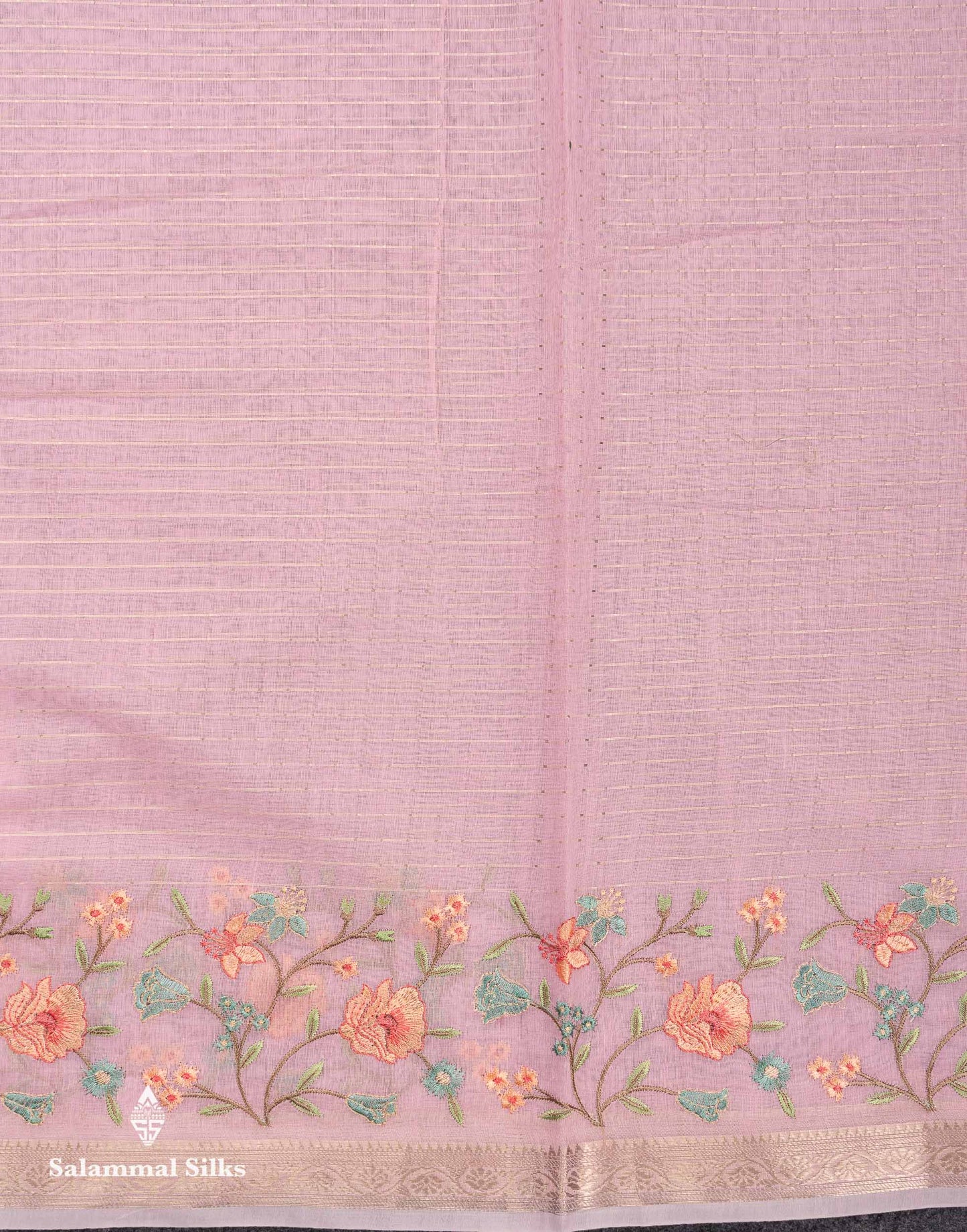 Beautiful Light Pink Zari Lines Cotton Mix Fancy Saree With Embroidery Floral Design & Small Zari Border