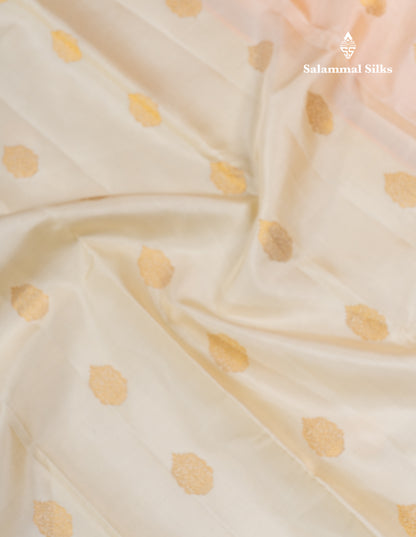 Half White Pure Kanjivaram Silk Saree With Contrast Orange Traditional Border