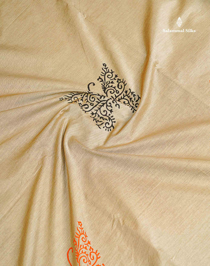 South Cotton Saree - Cream Sandal Printed Saree With Contrast Orange Blouse