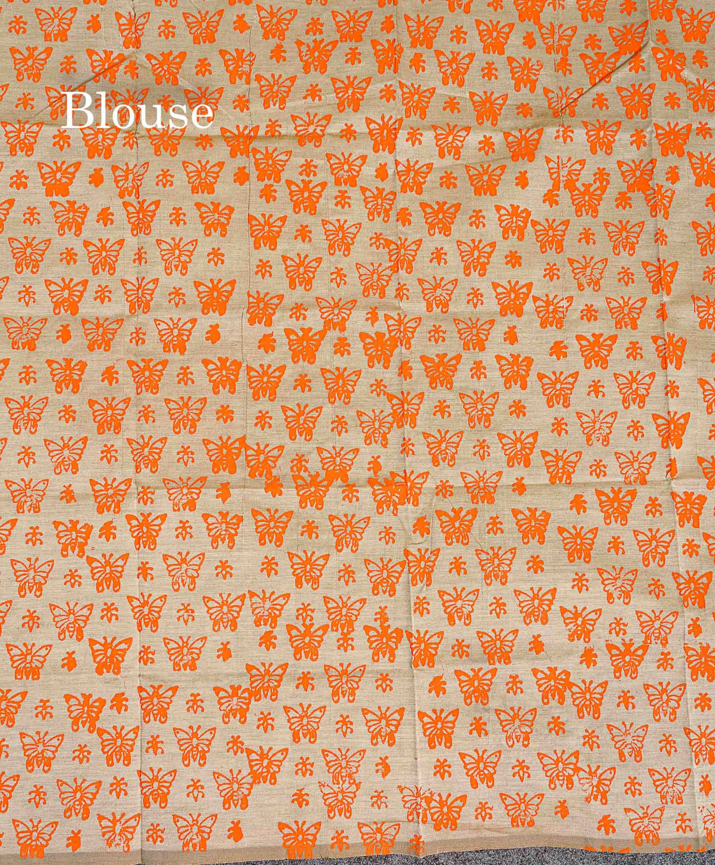 South Cotton Saree - Cream Sandal Printed Saree With Contrast Orange Blouse
