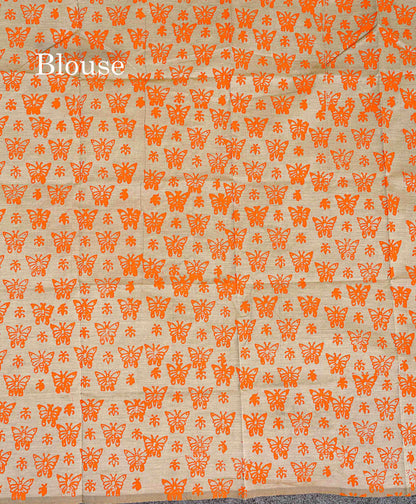 South Cotton Saree - Cream Sandal Printed Saree With Contrast Orange Blouse
