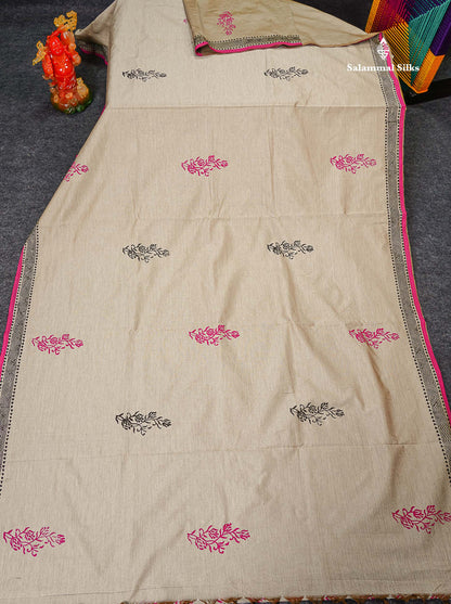 South Cotton Saree - Cream Sandal Printed Saree With Contrast Pink Blouse