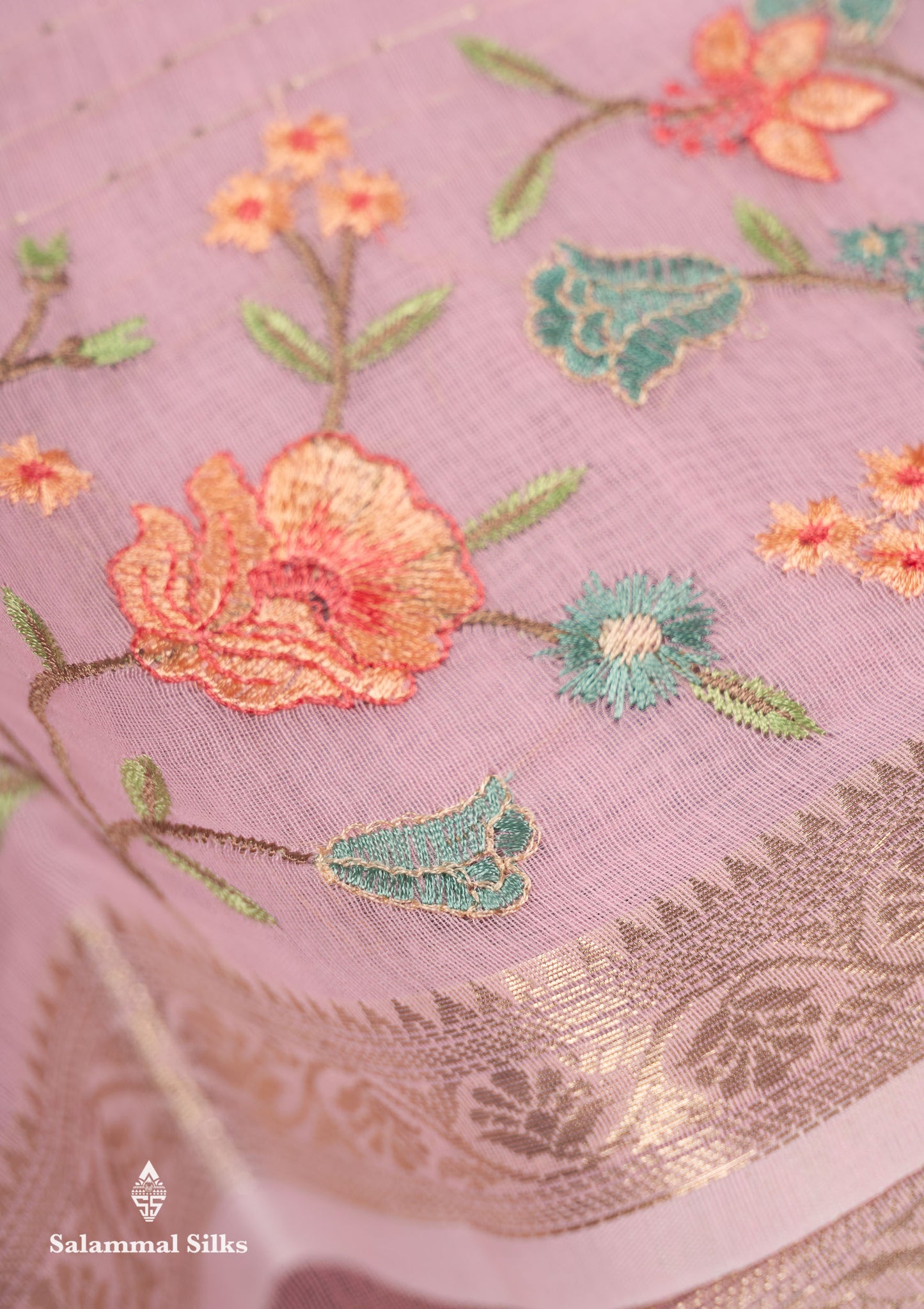 Beautiful Light Pink Zari Lines Cotton Mix Fancy Saree With Embroidery Floral Design & Small Zari Border