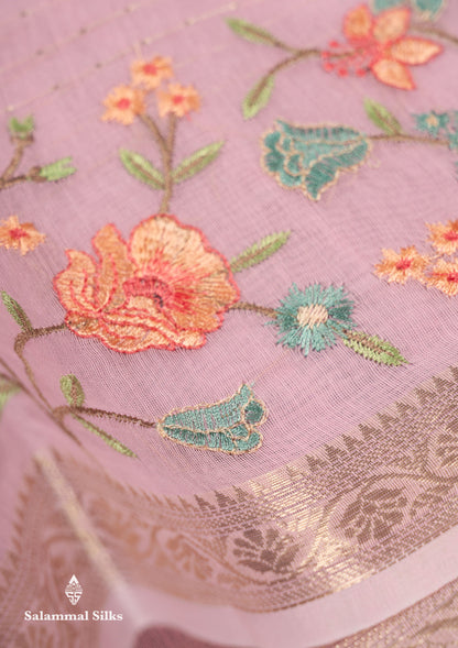 Beautiful Light Pink Zari Lines Cotton Mix Fancy Saree With Embroidery Floral Design & Small Zari Border