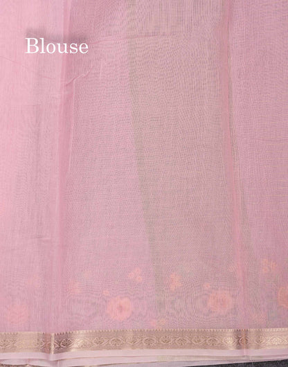 Beautiful Light Pink Zari Lines Cotton Mix Fancy Saree With Embroidery Floral Design & Small Zari Border