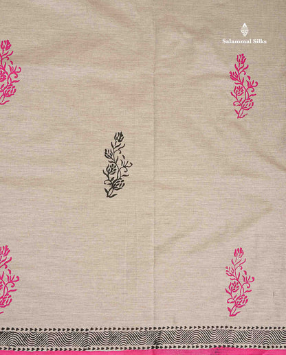 South Cotton Saree - Cream Sandal Printed Saree With Contrast Pink Blouse
