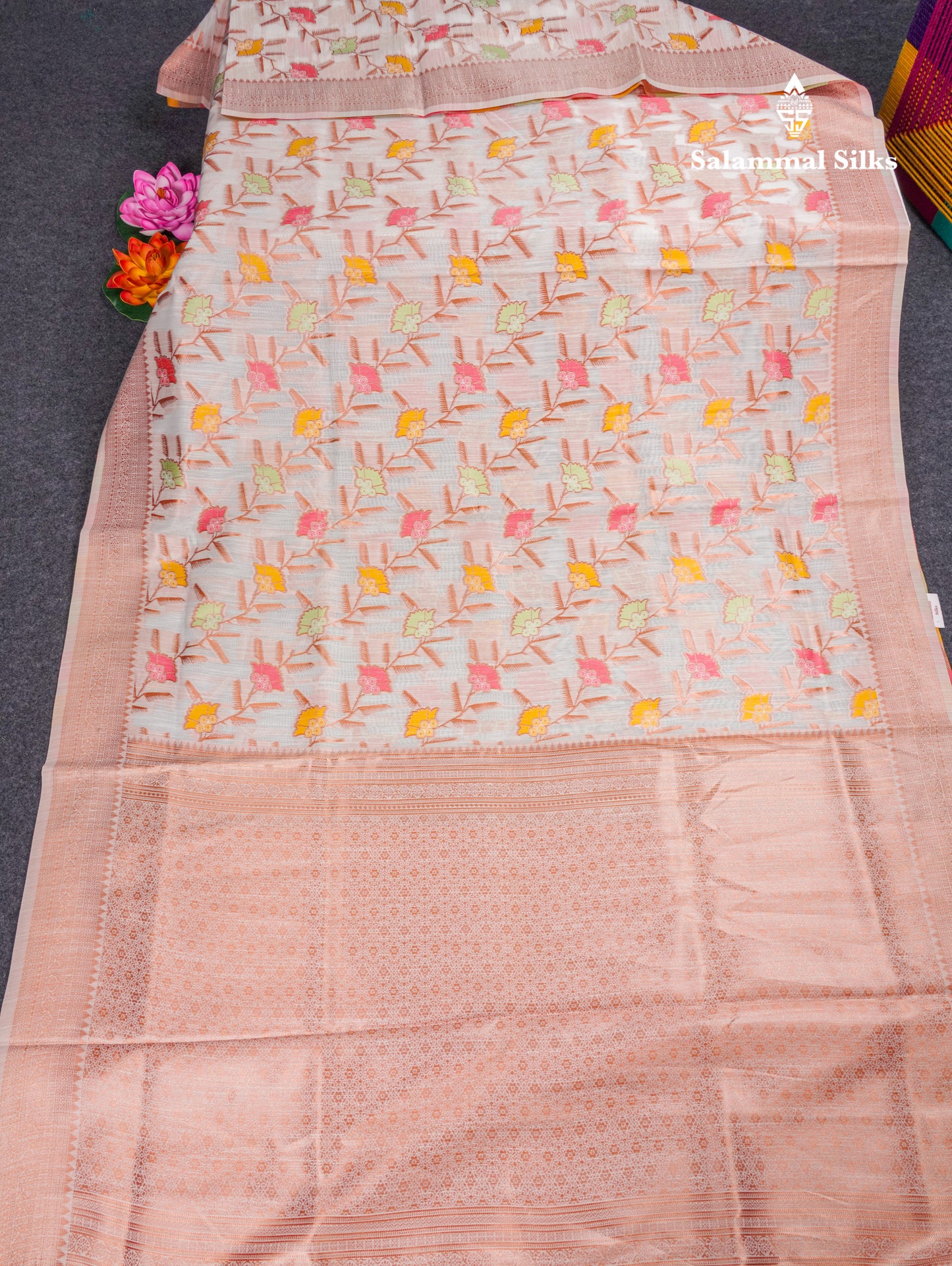 White Meenakari Work Cotton Mix Saree With Self Blouse