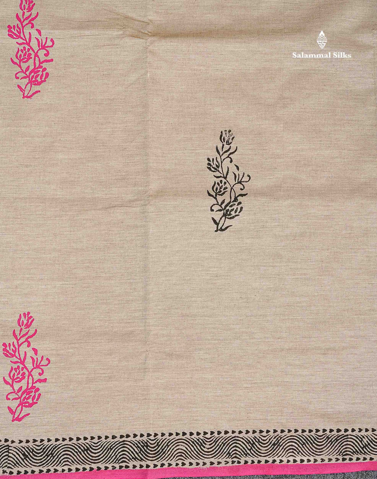 South Cotton Saree - Cream Sandal Printed Saree With Contrast Pink Blouse