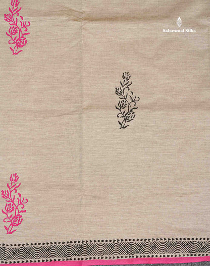 South Cotton Saree - Cream Sandal Printed Saree With Contrast Pink Blouse