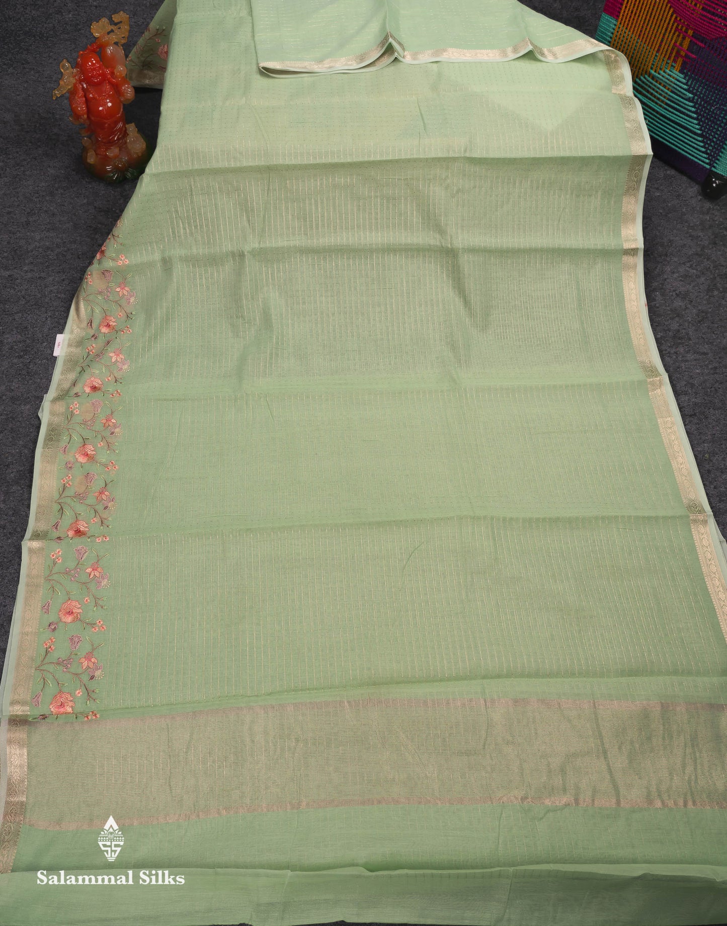 Beautiful Light Pink Zari Lines Cotton Mix Fancy Saree With Embroidery Floral Design & Small Zari Border