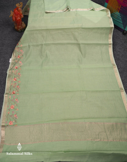 Beautiful Light Pink Zari Lines Cotton Mix Fancy Saree With Embroidery Floral Design & Small Zari Border