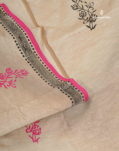 South Cotton Saree - Cream Sandal Printed Saree With Contrast Pink Blouse