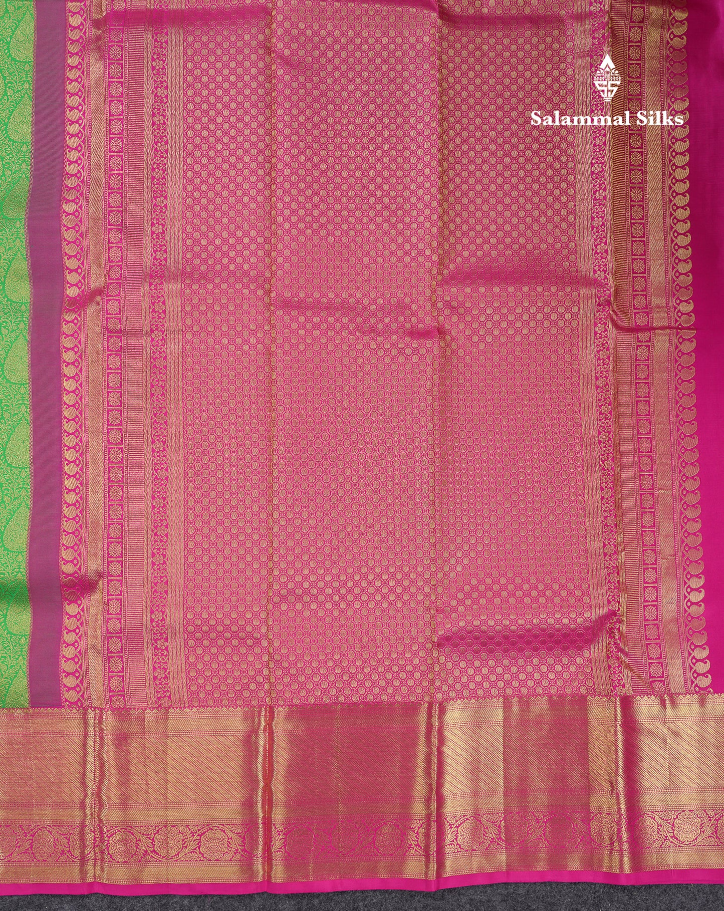 Beautiful Green Pure Kanjivaram Silk Saree with Contrast Magenta Pink Traditional Border