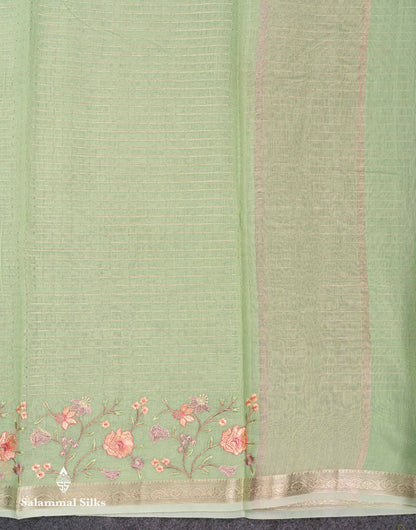 Beautiful Light Pink Zari Lines Cotton Mix Fancy Saree With Embroidery Floral Design & Small Zari Border