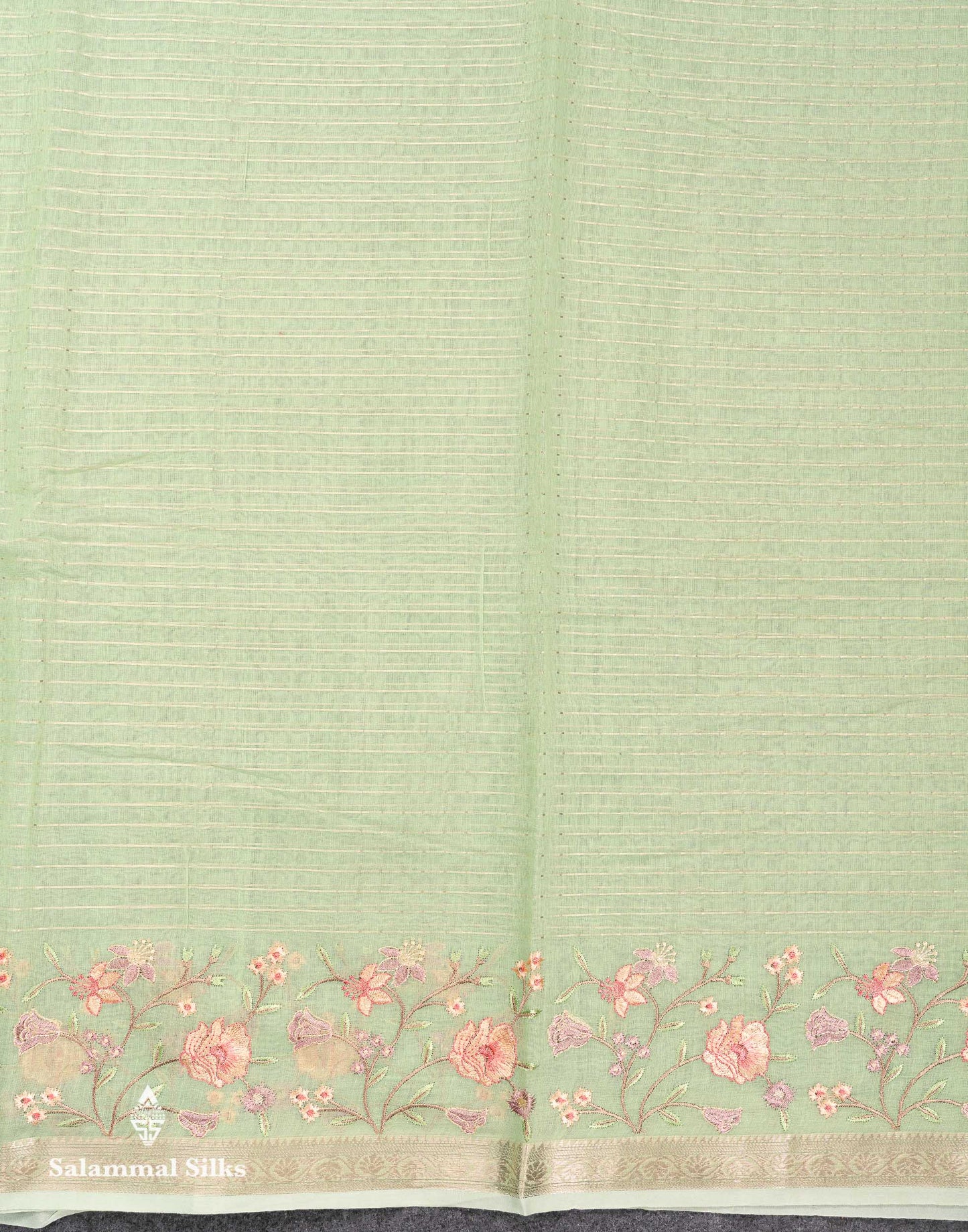 Beautiful Light Pink Zari Lines Cotton Mix Fancy Saree With Embroidery Floral Design & Small Zari Border