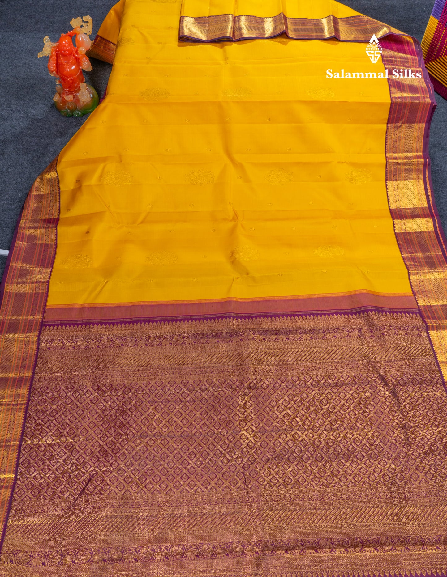 Mustard Yellow Pure Kanjivaram Silk Saree With Contrast Dark Purple Traditional Border
