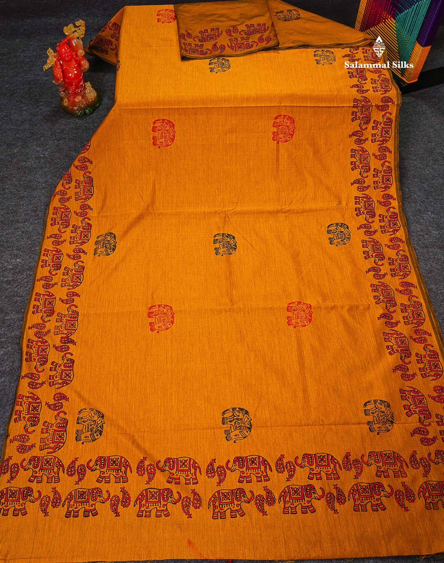 South Cotton Saree - Mustard Yellow Printed Saree With Contrast Orange Blouse