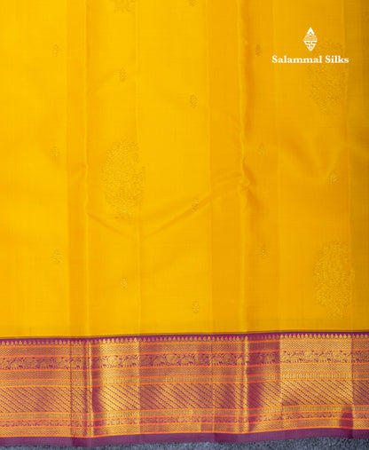 Mustard Yellow Pure Kanjivaram Silk Saree With Contrast Dark Purple Traditional Border