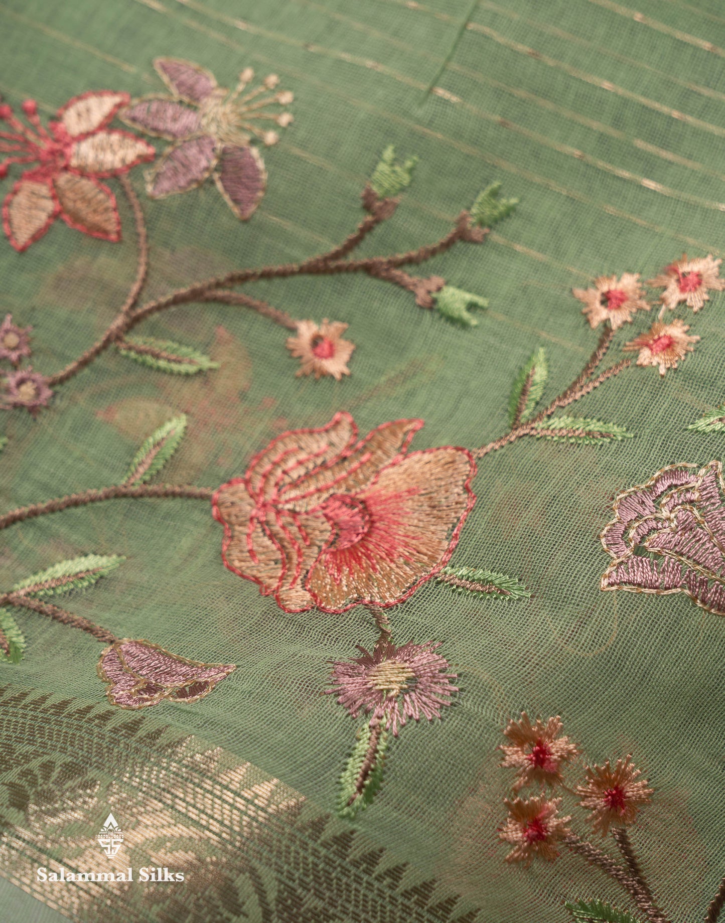 Beautiful Light Pink Zari Lines Cotton Mix Fancy Saree With Embroidery Floral Design & Small Zari Border