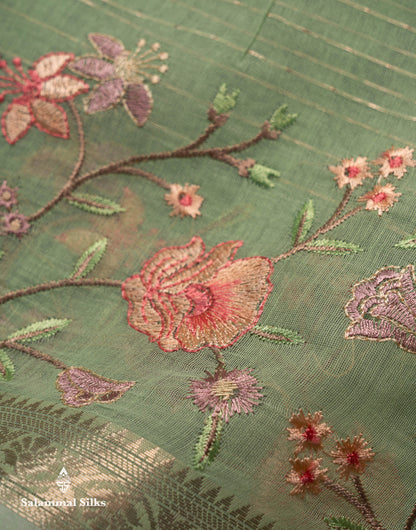 Beautiful Light Pink Zari Lines Cotton Mix Fancy Saree With Embroidery Floral Design & Small Zari Border