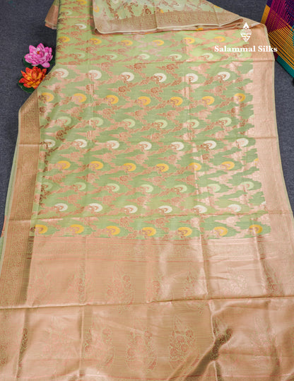 Light Green Meenakari Work Cotton Mix Saree With Self Blouse