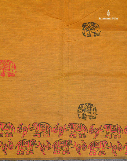 South Cotton Saree - Mustard Yellow Printed Saree With Contrast Orange Blouse