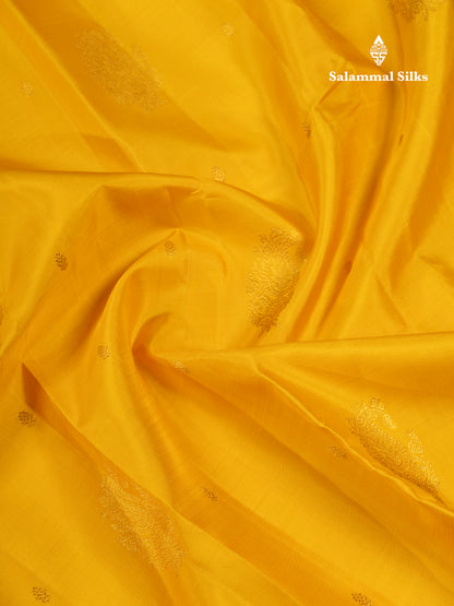 Mustard Yellow Pure Kanjivaram Silk Saree With Contrast Dark Purple Traditional Border