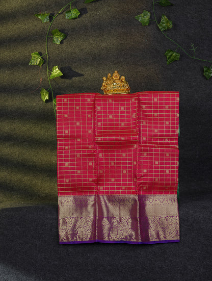 Beautiful Pure Silk Pattu Pavadai Checks With Butta (Dark Magenta) With Contrast Magenta Pink Blouse 27"