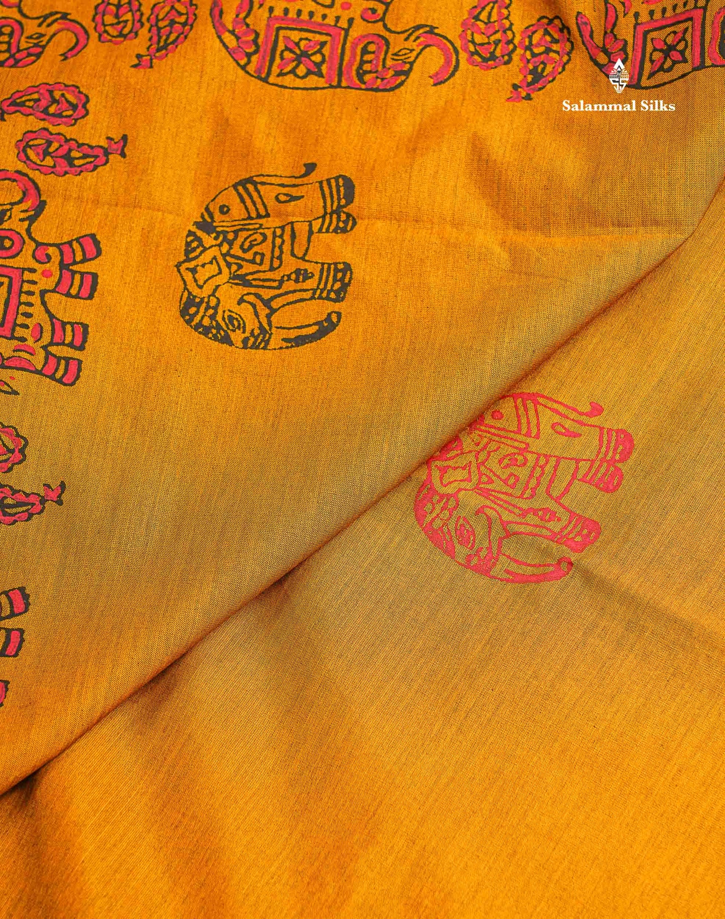 South Cotton Saree - Mustard Yellow Printed Saree With Contrast Orange Blouse