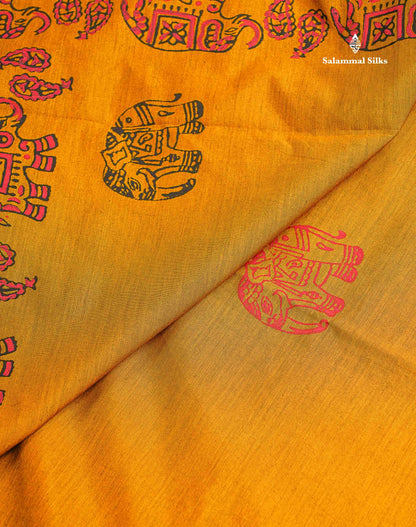 South Cotton Saree - Mustard Yellow Printed Saree With Contrast Orange Blouse
