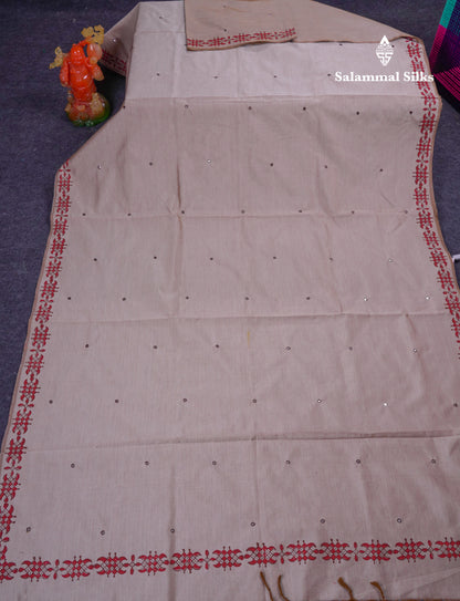 Beautiful Cream Sandal Mirror Work South Cotton Printed Saree With Contrast Brown Blouse