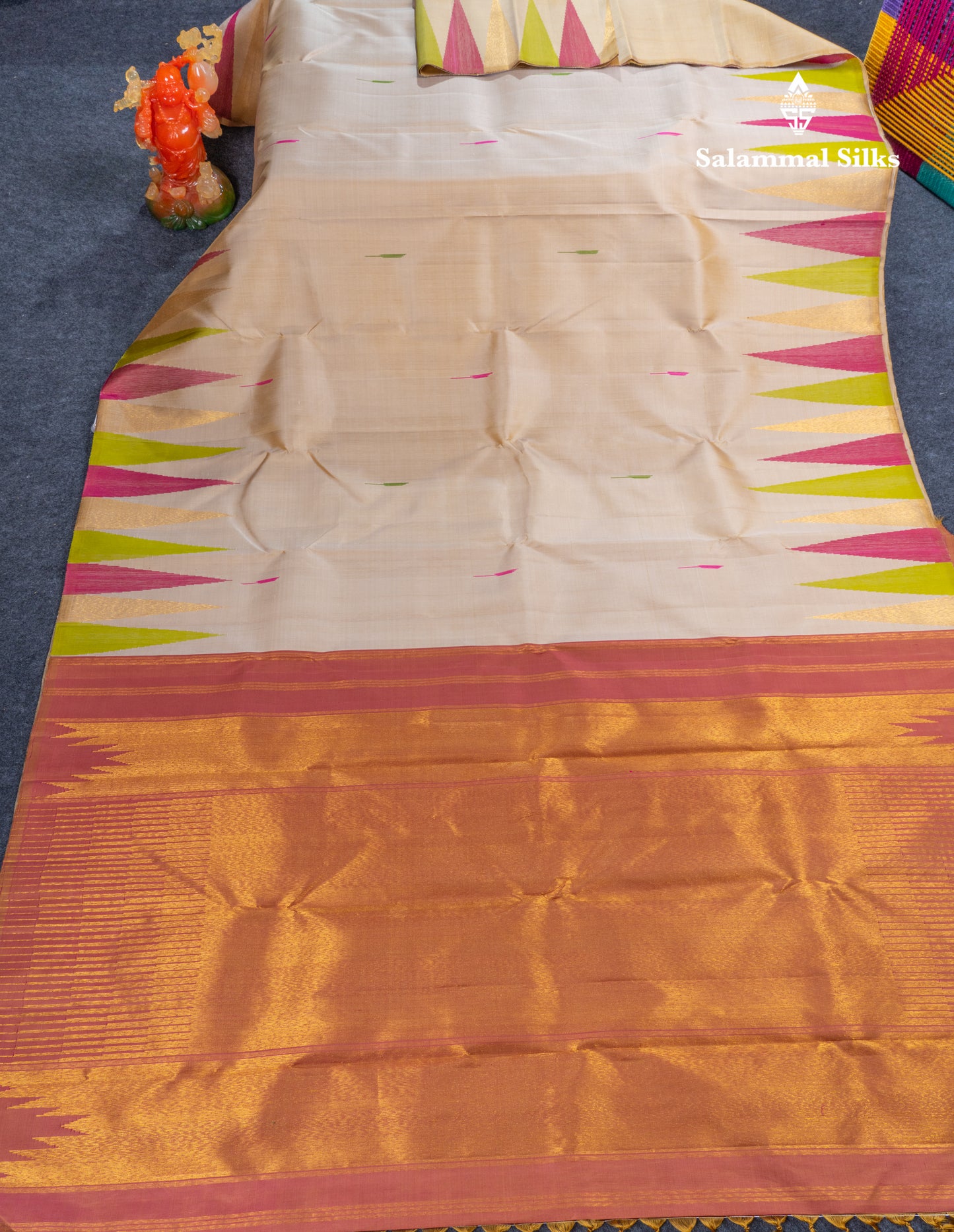 Cream Sandal Beautiful Pure Kanjivaram Silk Saree With Traditional 8 Kol Temple Border