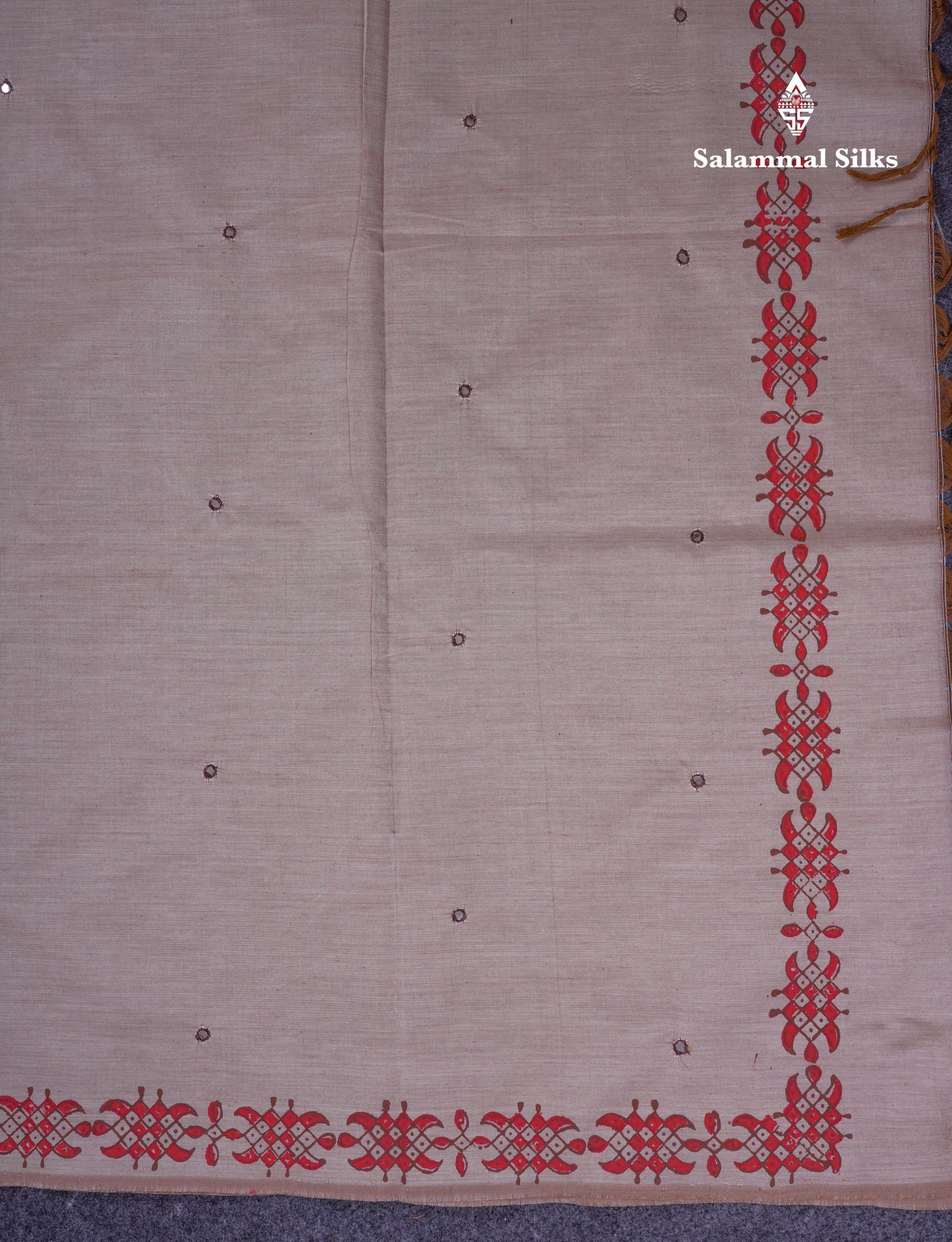 Beautiful Cream Sandal Mirror Work South Cotton Printed Saree With Contrast Brown Blouse