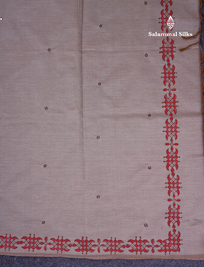 Beautiful Cream Sandal Mirror Work South Cotton Printed Saree With Contrast Brown Blouse