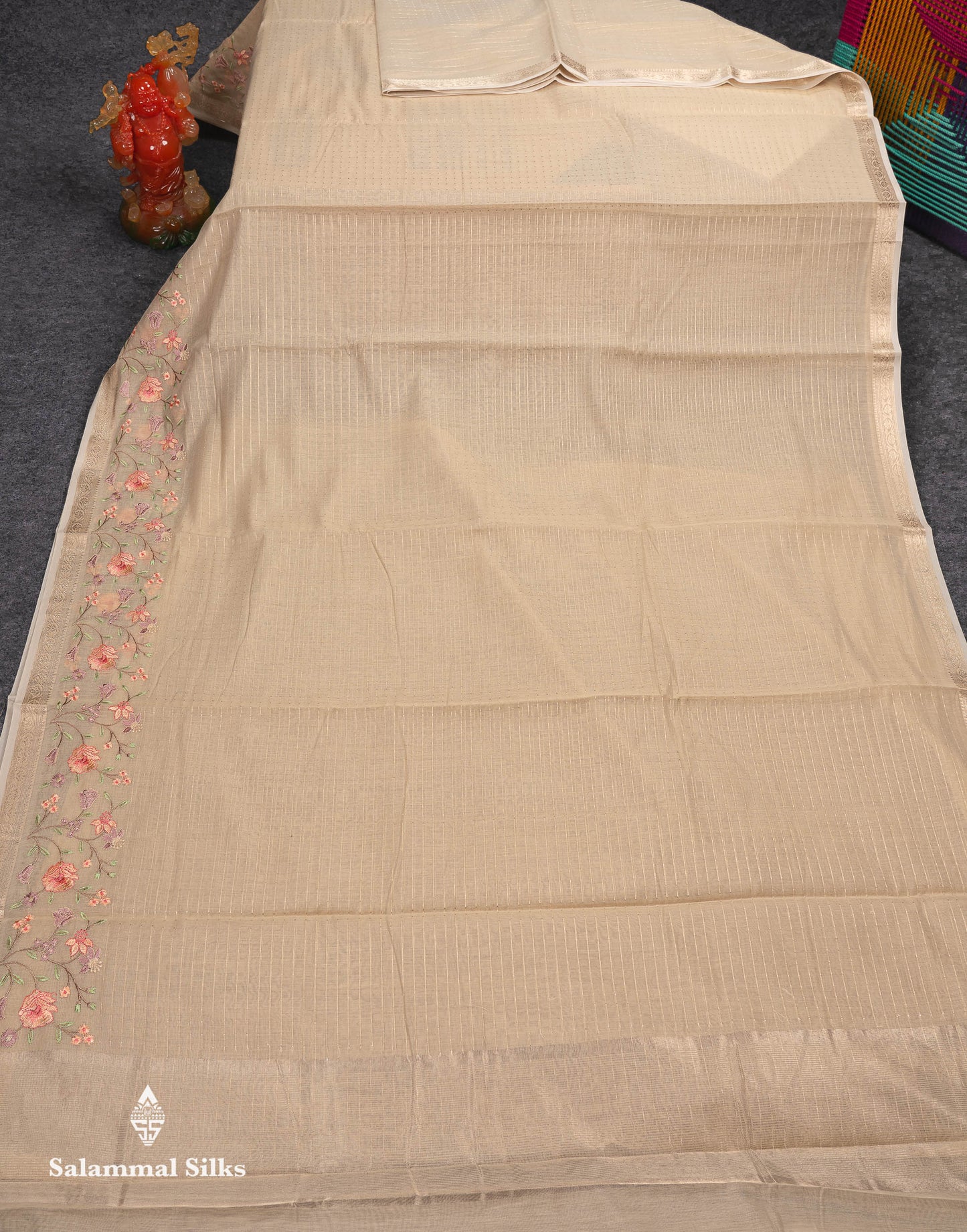Beautiful Light Pink Zari Lines Cotton Mix Fancy Saree With Embroidery Floral Design & Small Zari Border