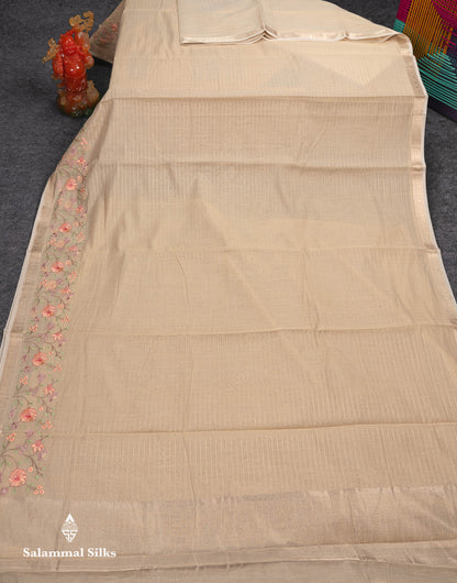 Beautiful Light Pink Zari Lines Cotton Mix Fancy Saree With Embroidery Floral Design & Small Zari Border
