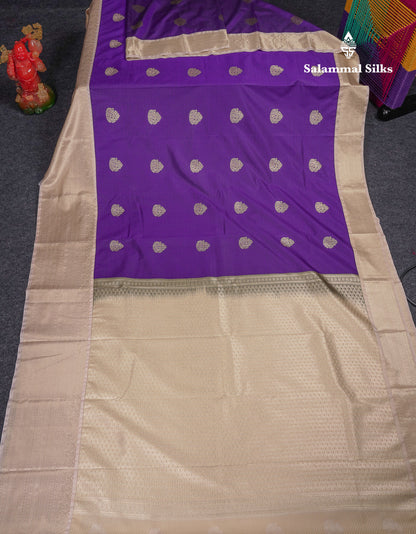 Beautiful Violet Semi Silk Saree With Contrast Cream Sandal Traditional Evening Morning Border