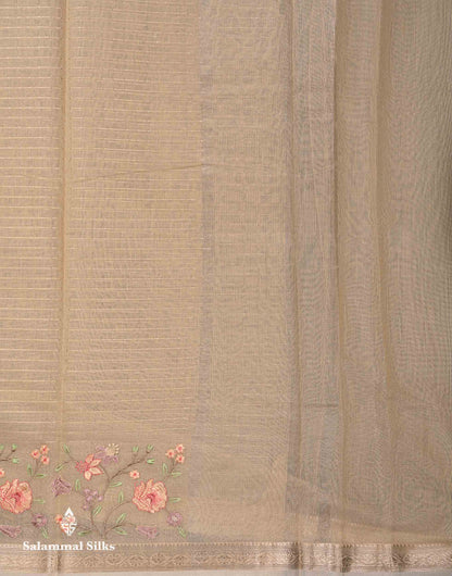 Beautiful Light Pink Zari Lines Cotton Mix Fancy Saree With Embroidery Floral Design & Small Zari Border