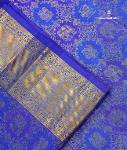 Bridal Pure Kanjivaram Silk Saree - Dual Tone Royal Blue Mayil & Elephant Motifs With Traditional Border